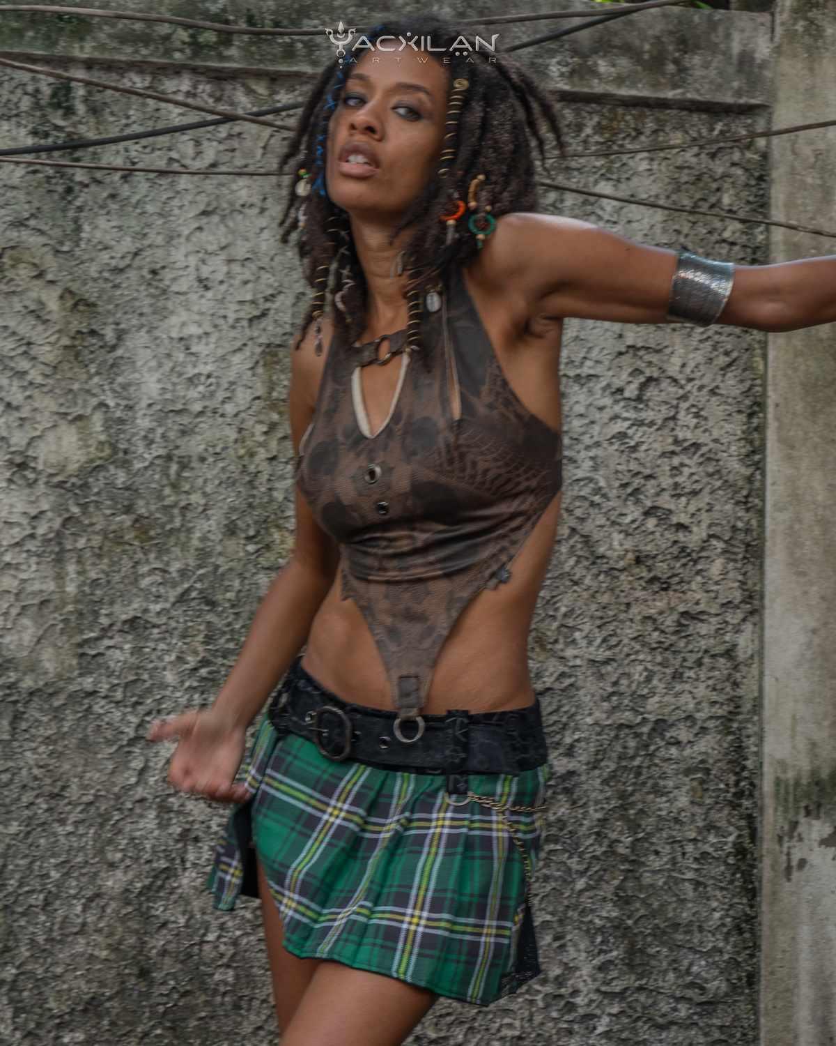 Kilt Black Velvet SHAMANKA Green Tartann, Corset Fake Leather, Brown Dots SANDOKAN